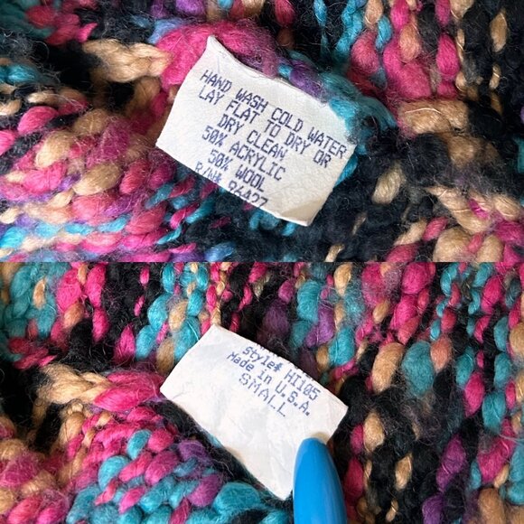 90s Vintage Rainbow Cardigan Chunky Tie Michele Bohbot Bisou Wool Blend Pompom. - Picture 6 of 6